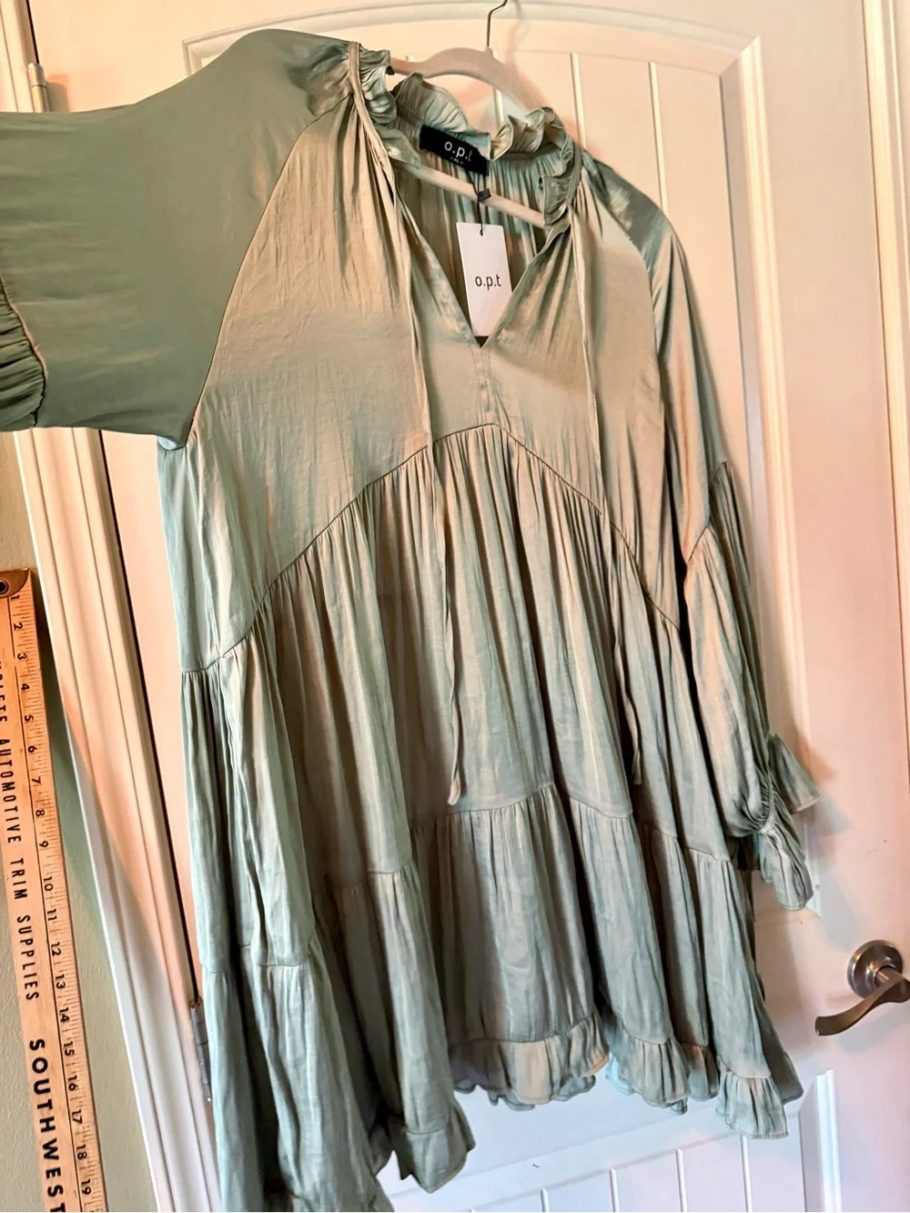 o.p.t by Anthropologie Sage Green Tiered V-Neck Tunic Top Liquid Shine NWT - Picture 2 of 13